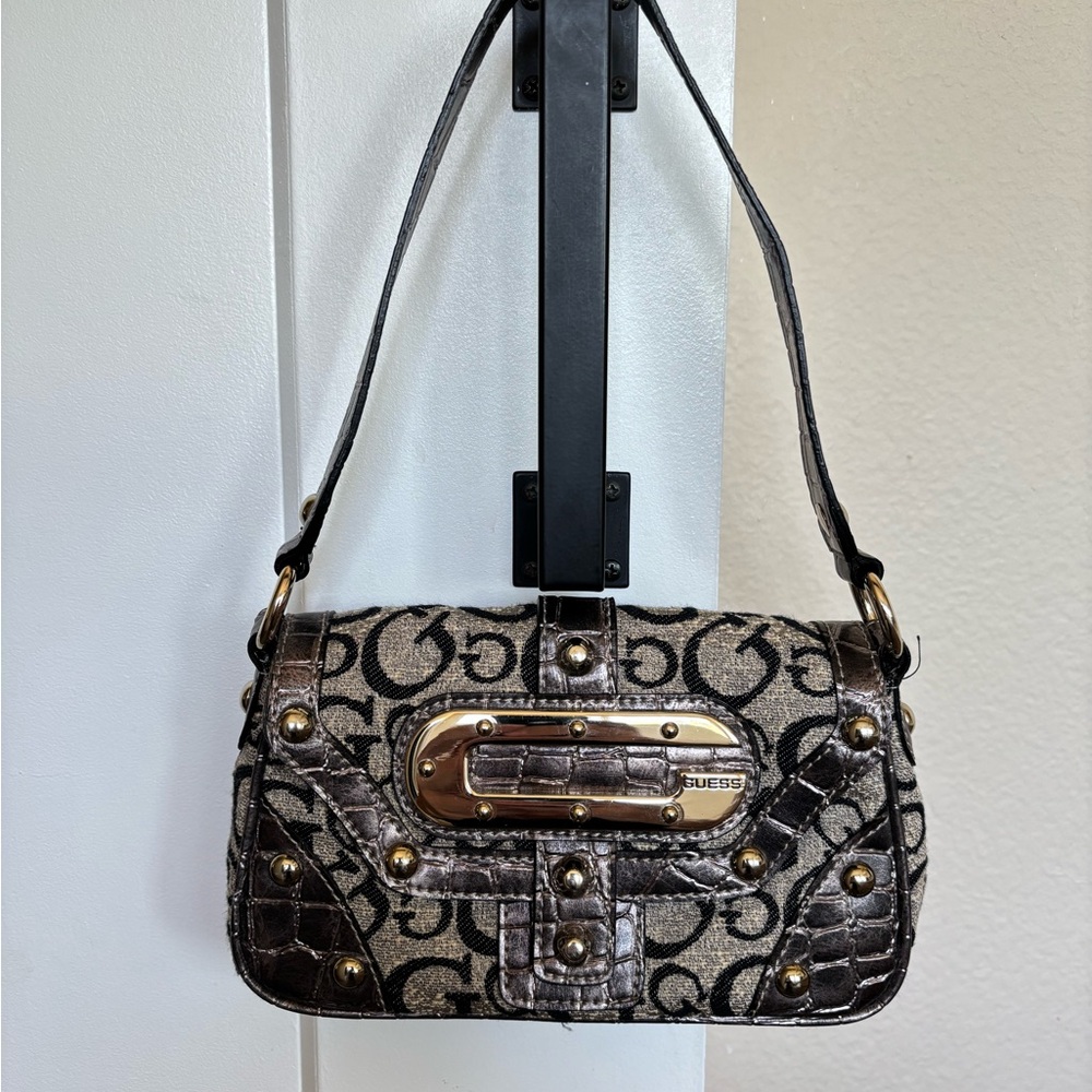 Guess Women's Mini Venus (NWOT) Black and Gold Patterned Hand Bag
